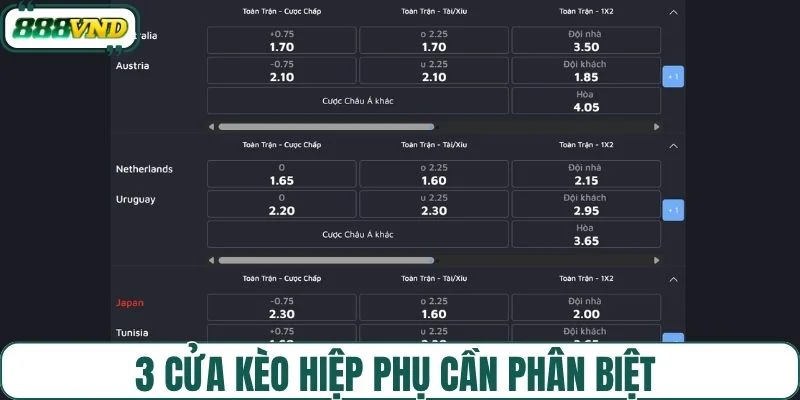 3 cửa kèo hiệp phụ cần phân biệt